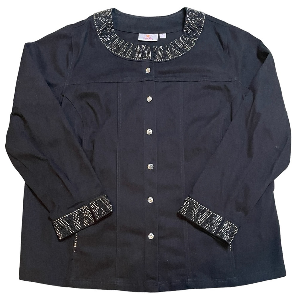 QUACKER FACTORY Black Denim Jean Jacket Bling Sparkle‎ Rhinestones XL party work